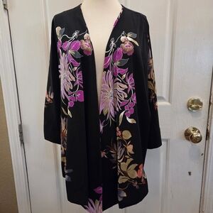 Kimono Top Cape Open Front Floral Print Black Small Tropical Couture Bohemian